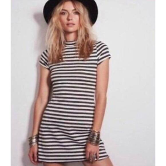 Free People Dresses & Skirts - Free People Beach Gray White Striped Mock Neck T-Shirt Dress Size S
